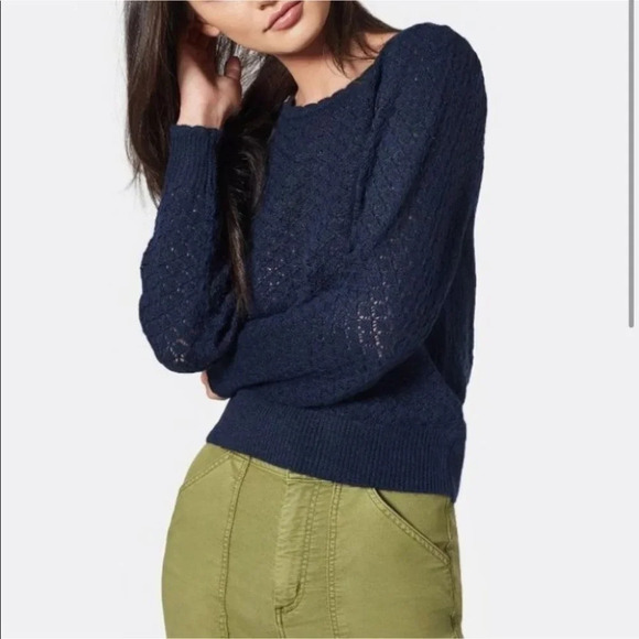 Joie Moxya Pointelle Puff Sleeve Sweater Knit Women's L Scallop Jumper Navy Blue - Picture 2 of 9